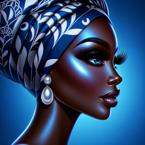 Create an airbrushed digital portrait of an animated
African-American woman in profile against a solid cobalt
blue backdrop. Her radiant skin, strikingly long eyelashes, a
pronounced nose, and voluminous natural glossy lips are
showcased. She wears a headwrap adorned with intricate
diamond patterns. Large, elegant pearl drop earrings
complete her appearance, showcasing the entire headshot
details with a focus on sophistication and grace. The digital
art should highlight her striking features against the vibrant
background, creating a visually stunning piece.