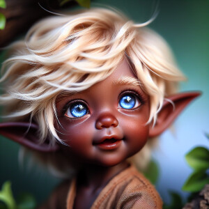 An elven baby with dark brown skin, blue eyes, and light blonde...