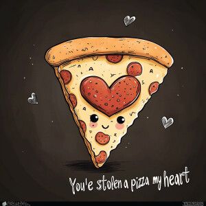 Cartoon-style pizza slice featuring heart-shaped pepperoni and a...