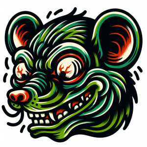 An evil cartoonish green  rat fink with bulging eyes in a old sc...