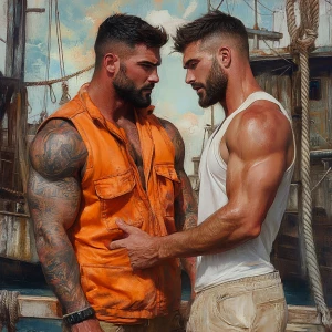 The image depicts two men on a dock, surrounded by a tranquil co...