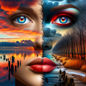 Surreal digital artwork featuring a close-up of a face with stri...