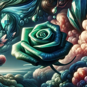 Visualize a meticulously carved emerald rose, each petal intrica...