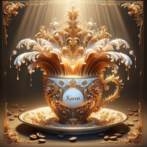 Illustrate a sumptuous coffee cup with an elaborate baroque-insp...