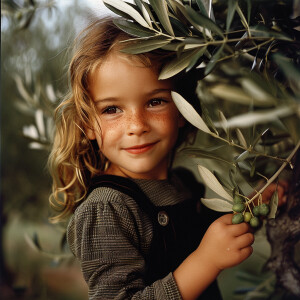 A beautiful little girl picks an olive from the olive tree and l...