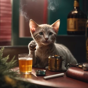 A hairless cat smoking a cigarette and drinking a beer