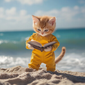 Orange kitten wearing a yellow jump suit is reading a book on th...