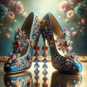 Imagine a pair of enchanting shoes, each a mirror image of the other, placed gracefully upon a regal surface. They are bathed in the soft, diffuse light that casts gentle reflections upon their silk fabric. These shoes are no ordinary footwear; they are a masterpiece of vibrant royal blue, adorned with ornate golden filigree and a multitude of glittering jewels in various hues—rubies, sapphires, emeralds, and delicate pink diamonds. Each shoe boasts an elegant, curved heel in a matching vivid blue, with tiny red and blue gems accenting the base. The shoes are positioned against a backdrop of soft-focus flowers, their pastel colors complementing the rich tones of the shoes, with hints of gold framing providing a touch of opulence. This image captures the essence of a fairy tale brought to life, a visual symphony of color and splendor.