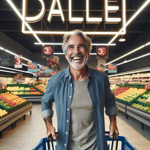 Happy old man in grocery store with sign above saying Dalle 3