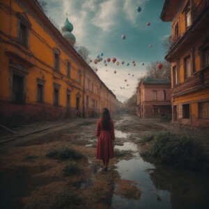 Красивая девушка , втдлинном платье. Стоит на маленькой сказочно...