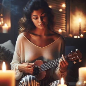 Create an image of a serene woman in her 30s seated in a dimly l...