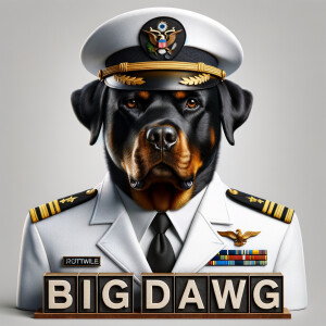 A mean Rottweiler, the Rottweiler is a US Navy officer in a white uniform, down below, spells the words BIG DAWG