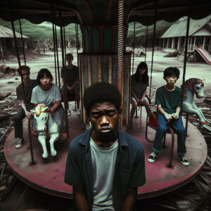 An abandoned playground. The unconscious boy is sitting on the c...
