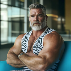 The image shows a white man with a beard , gray haired muscular...