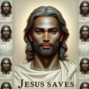 "Create a 3D realistic artwork featuring the phrase 'Jesus Saves...