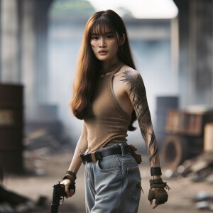 Thin Asian teen girl wearing tight jeans and a halter top Long brown hair and bangs, tattoos on her arms, athletic heroic pose