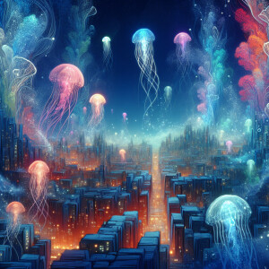 In the gleaming depths of a digitalized underwater city, glowing...