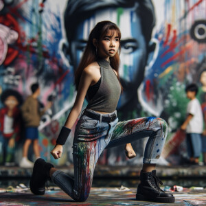 teenage girl, long brown hair and bangs, wearing tight skinny jeans and a halter top paint marks on her clothing, heroic pose Asian graffiti background, nearing on one knee