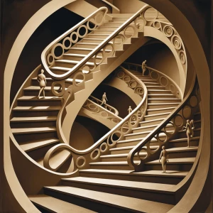 Design an optical illusion in the style of M.C. Escher with a st...