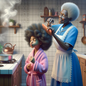 Create a realistic 3-D image of an african-American grandmother wearing a blue house dress and a white apron . She is in the kitchen with her african-American granddaughter. Her granddaughter is wearing a pink bath robe. The grandmother has a hot comb in her hand and she is straightening her granddaughters hair. One side of her granddaughters hair is in  a Afro the other straight 
There is smoke coming from the hot comb
The granddaughter is making a face