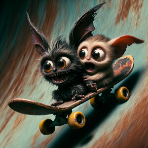 In this scene, gremlin and gizmo are riding an old and rusted sk...