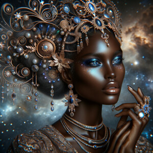 "Create a portrait of a regal  latino woman with an ethereal and cosmic theme. Her skin is a glossy tan brown, with a smooth and flawless finish that reflects light. Her eyes are a striking electric blue, like sapphires, with a makeup that accentuates their shape and the intensity of their color. Her hair is styled into an intricate array of braids, coils, and twists that cascade down and frame her face, adorned with beads and jewels that catch the light. She wears an elaborate headdress made of swirling patterns and motifs that evoke the mysteries of the universe, studded with shimmering stones and intricate enamel work in hues of blue and gold. Her attire consists of a cascade of layered necklaces and a majestic, shoulder-grazing earring, each piece detailed with a mix of precious stones, metals, and intricate beadwork. The background is a tapestry of stars and nebulas, suggesting a connection to the cosmos. Her pose is serene, with a hand gracefully touching her chin, adorned with rings that complement her other jewelry, all coming together to suggest an aura of wisdom and grace."