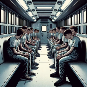 A side-view interior illustration of a jail transport van showin...