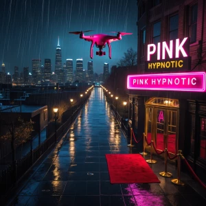 Compose an image of a drone's descending aerial night shot trans...