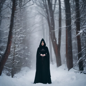 Beautiful gothic witch with black hood in the snowy forest