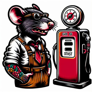 Rat fink as a 1950s gas attendant standing next to a gas pump in...