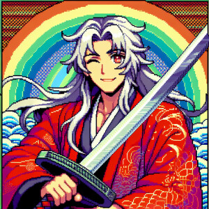 Inuyasha, the anime character, smiling and winking while confide...