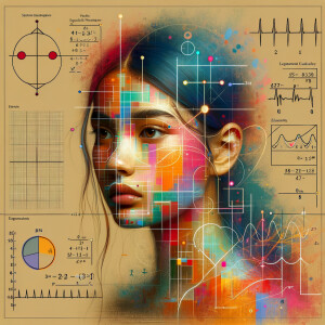 Abstract, minimalist, painting, with pencil line, paint stroke, gestures, colorful marks, mathematical equations, electrical cardiogram, printouts complex math formulas, dna asian teen girl