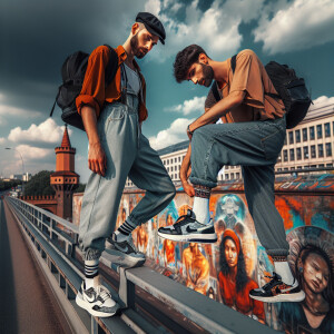Two thugs, one with facial hair, standing on a bridge railing. T...