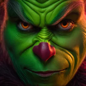 A close-up photo of The Grinch's face, rendered in a surrealisti...