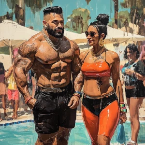 realism  style art,a muscular beefy sweaty man walking  with his...