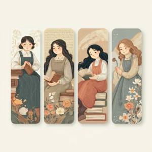 Design a set of vintage-style literary girl bookmarks as sticker...