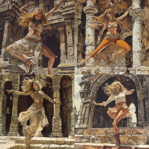 Brigitte bardot dancing on a temple by milo manara