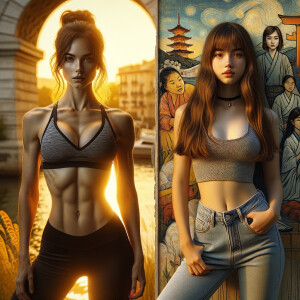 Athletic Thin skinny Attractive, Asian teenage girl, long brown hair and bangs, wearing tight skinny jeans and a halter top paint marks on her clothing, heroic pose Asian graffiti background, backside view