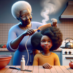 Create a realistic 3-D image of an african-American grandmother in the kitchen with her african-American granddaughter. The grandmother has a hot comb in her hair and she is straightening her granddaughters hair. One side of her granddaughters hair is in  a Afro the other is bone straight 
There is smoke coming from the hot comb