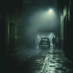 A dimly lit street with a sinister atmosphere in the 1950s