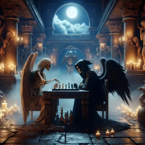 Grimm Reaper is sitting at a table playing chess  against an ang...