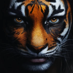 A woman's face transforming into a tiger's snout