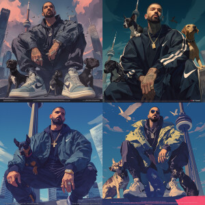 "The rapper Drake face and muscle body wearing Nike stylish outf...