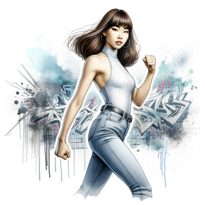 Athletic Thin skinny Attractive, Asian teenage girl, long brown hair and bangs, wearing tight skinny jeans and a halter top paint marks on her clothing, heroic pose Asian graffiti background, side view