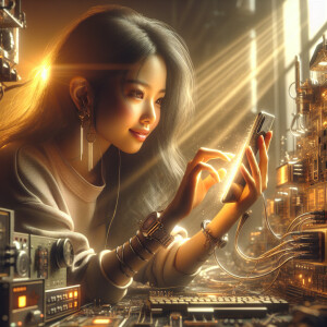 Create a photorealistic, cyberpunk-inspired image of a sweet 19-...