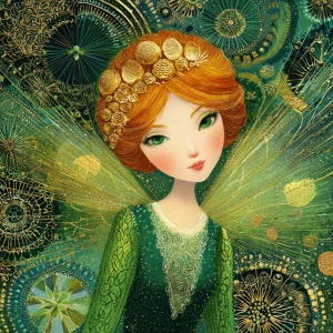 An enchantingly eccentric fairy, her golden wings shimmering wit...