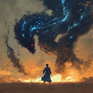A cinematic, high-drama digital painting depicting a lone samura...