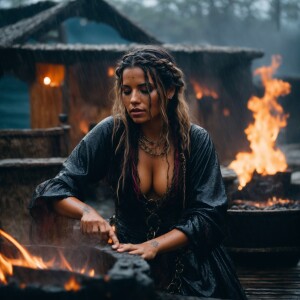 A drenched Wench chained to a block at a pirate hideaway on a ra...