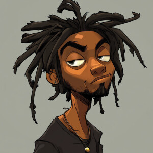 Create a funny cartoon like African American male with dreads go...