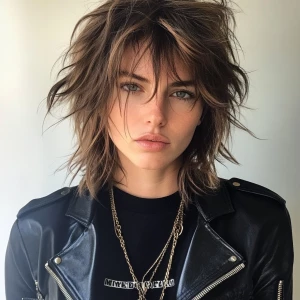 a woman, look to the camera, close up photo, long Shaggy cut Hai...